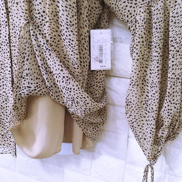 NWT Halston Animal Print Romantic Poet Blouse BabyDoll Top -XL Balloon LSL Beige - Picture 8 of 12